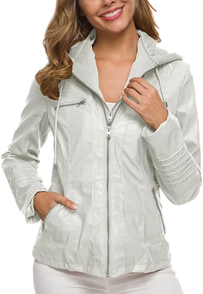 کت های زمستانی زنانه HBEIDAHUANG، کت های چرمی PU زیپ دار کوتاه زنانه، کت موتورسواری آستین بلند کلاه دار، کت باریک روزانه (رنگ: Hortel، سایز: XXXL)