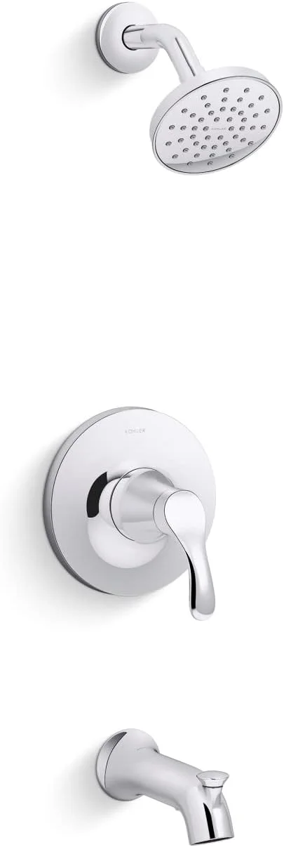 ست شیرآلات دوش و حمام کروم براق Kohler TS27391-4G-CP Simplice Rite-Temp با سردوش تک کاره 1.75 GPM، شیر انتقال آب، سردوش دیواری و شیر حمام