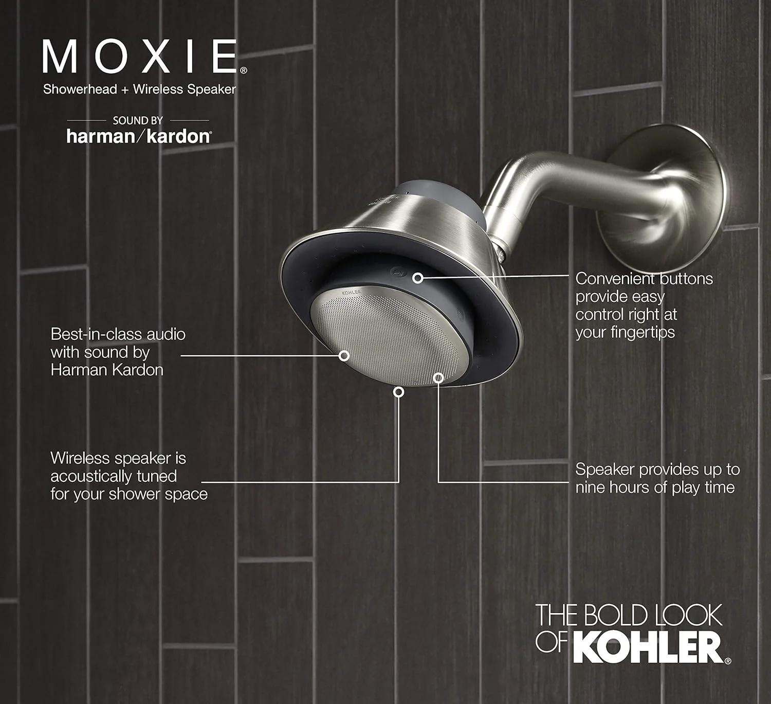 سردوش بلوتوثی KOHLER Moxie، بلندگوی دوشی، بلندگوی ضد آب، رادیو دوشی، بلندگوی قابل شارژ، بلندگوی قابل حمل، 1.75 GPM، K-28238-GKE-BN، نیکل برس خورده پر جنب و جوش
