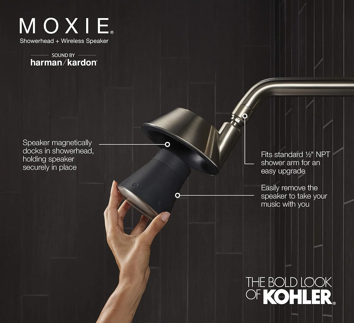 سردوش بلوتوثی KOHLER Moxie، بلندگوی دوشی، بلندگوی ضد آب، رادیو دوشی، بلندگوی قابل شارژ، بلندگوی قابل حمل، 1.75 GPM، K-28238-GKE-BN، نیکل برس خورده پر جنب و جوش
