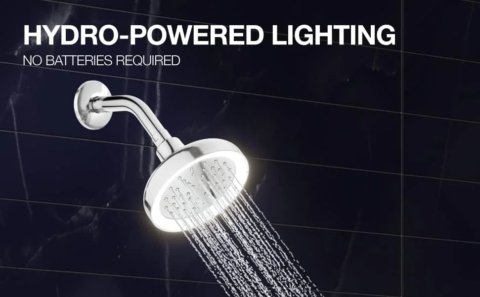 سردوش سقفی چراغ دار 14 سانتی متری KOHLER Arise، با چراغ های ال ای دی هیدروپاور، بدون نیاز به باتری، حالت بارانی پوشش کامل، (نصب دیواری، کروم براق)