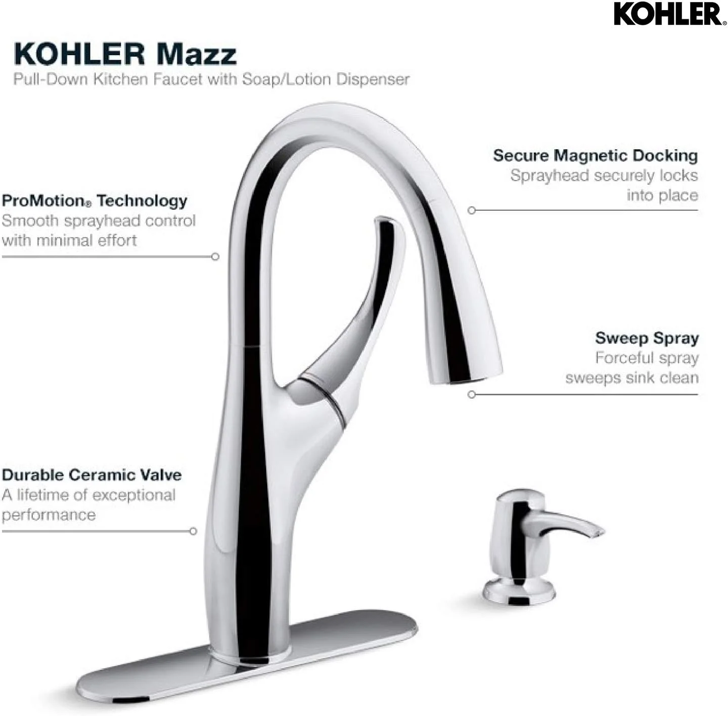 شیر آشپزخانه کولر مدل Mazz با سردوش دستی چند منظوره با فناوری اسپری سر دوش بیرون کشیدنی به همراه جای مایع ظرفشویی/لوسیون، روکش کروم (نقره ای)