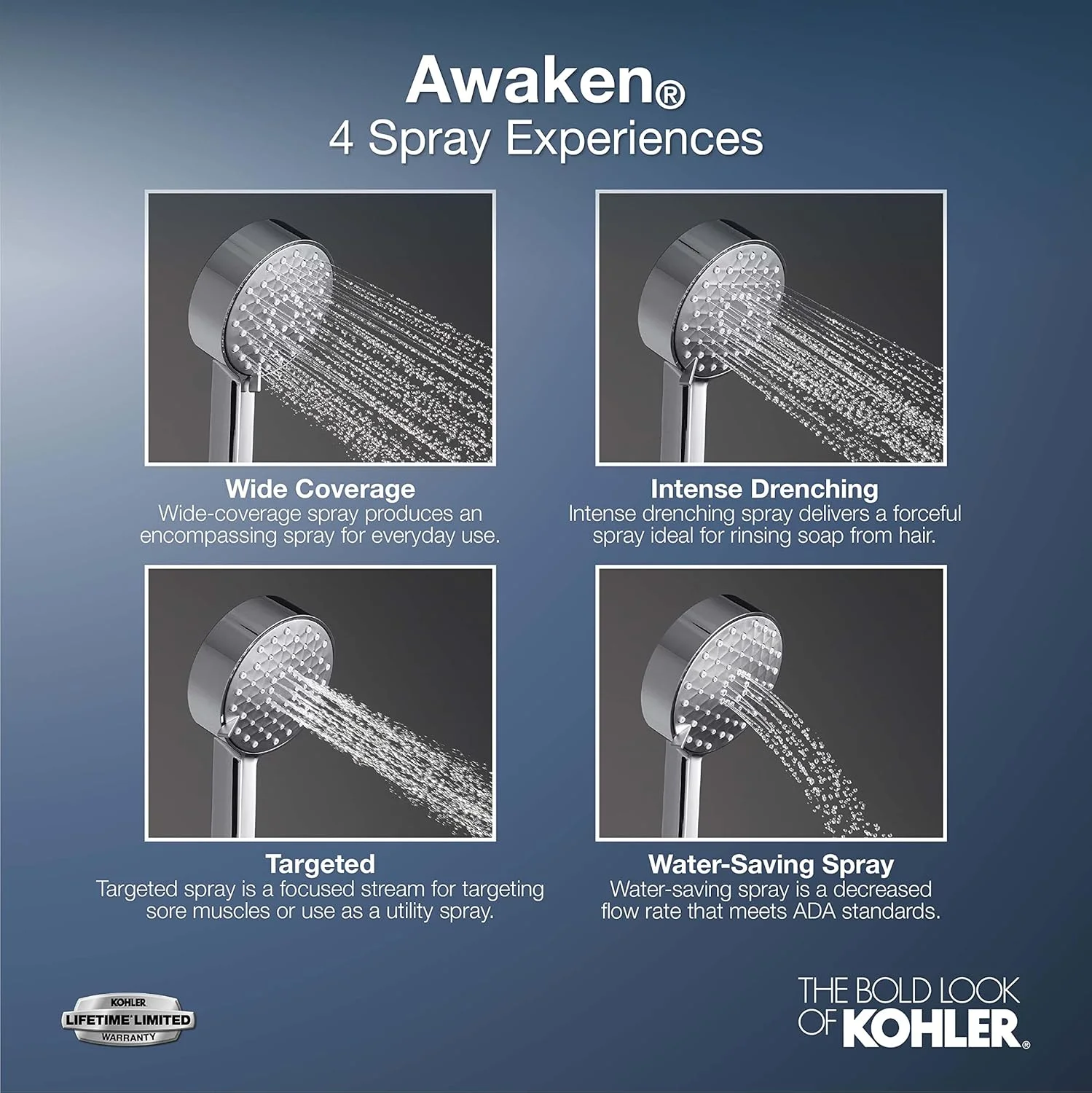 ست دوش دستی 3 حالته لوکس KOHLER 99243-G-BN Awaken، شامل سردوش دستی به همراه میله لغزنده 24 اینچی و شلنگ 60 اینچی، 1.75 GPM، نیکل برس خورده
