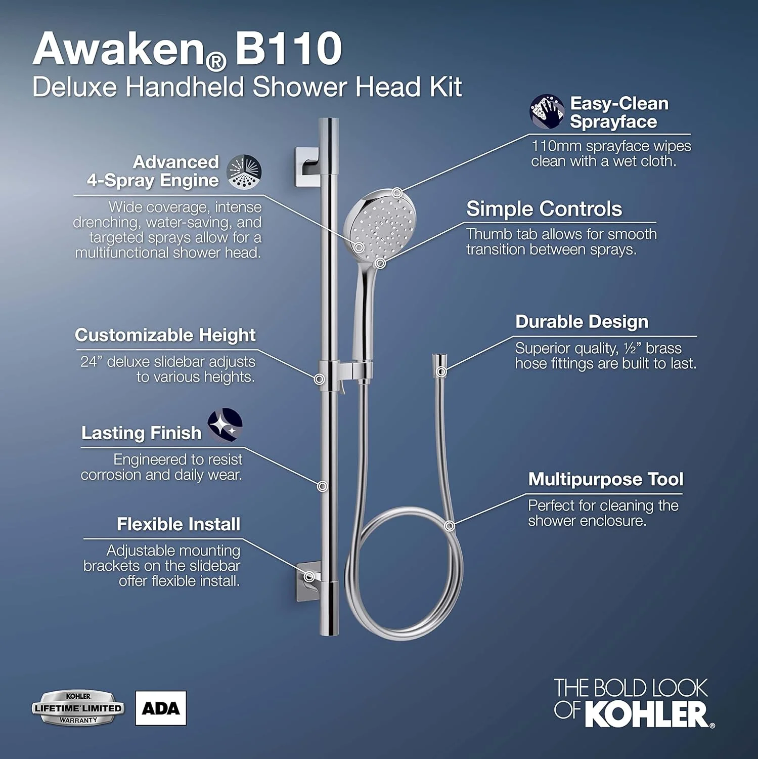 ست دوش دستی 3 حالته لوکس KOHLER 99243-G-BN Awaken، شامل سردوش دستی به همراه میله لغزنده 24 اینچی و شلنگ 60 اینچی، 1.75 GPM، نیکل برس خورده