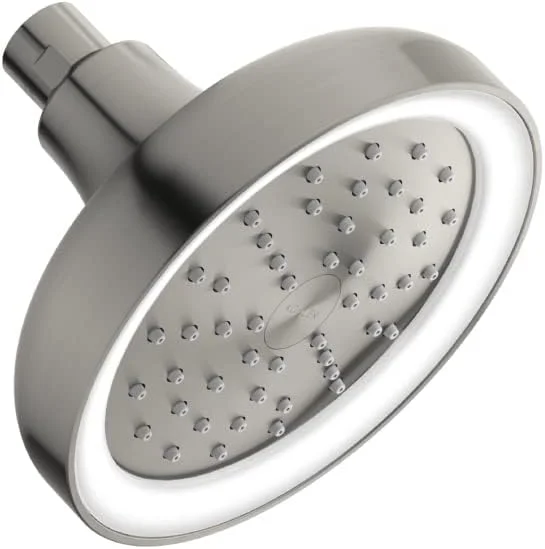 سردوش سقفی چراغ دار 14 سانتی متری KOHLER Arise، با چراغ های ال ای دی هیدروپاور، بدون نیاز به باتری، حالت بارانی پوشش کامل، (نصب دیواری، روکش نیکل برس خورده)