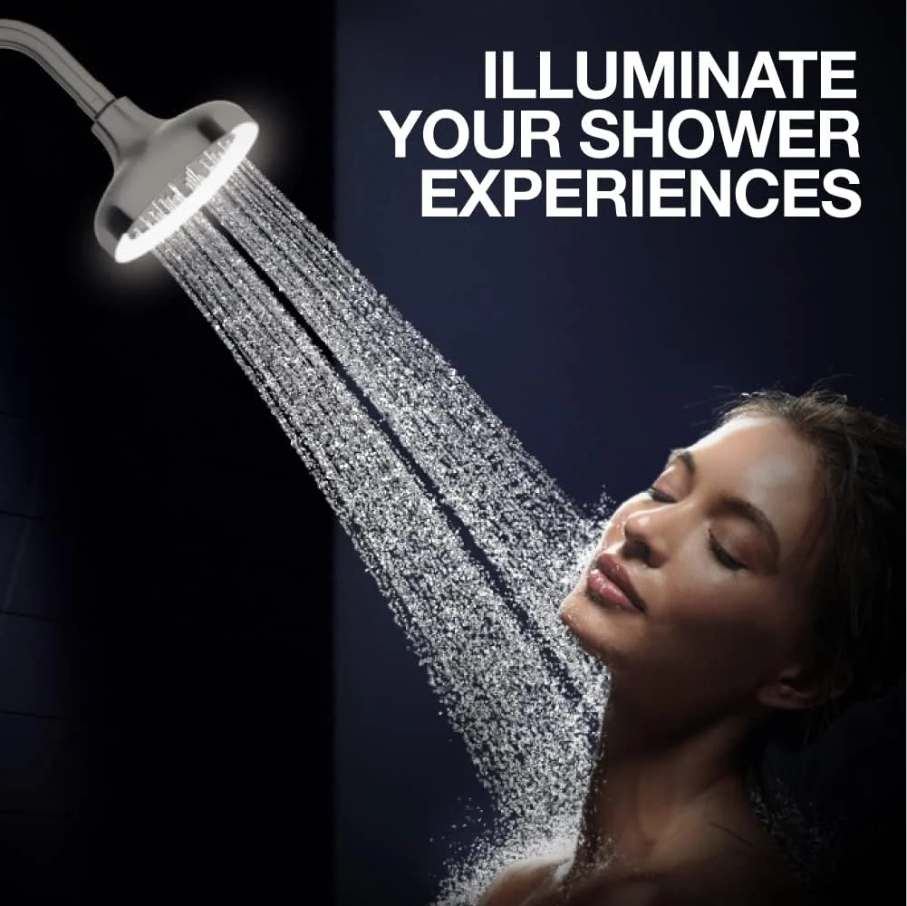 سردوش سقفی چراغ دار 14 سانتی متری KOHLER Arise، با چراغ های ال ای دی هیدروپاور، بدون نیاز به باتری، حالت بارانی پوشش کامل، (نصب دیواری، روکش نیکل برس خورده)