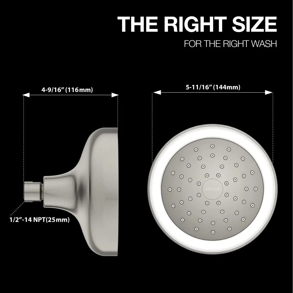 سردوش سقفی چراغ دار 14 سانتی متری KOHLER Arise، با چراغ های ال ای دی هیدروپاور، بدون نیاز به باتری، حالت بارانی پوشش کامل، (نصب دیواری، روکش نیکل برس خورده)