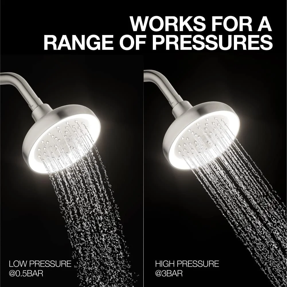 سردوش سقفی چراغ دار 14 سانتی متری KOHLER Arise، با چراغ های ال ای دی هیدروپاور، بدون نیاز به باتری، حالت بارانی پوشش کامل، (نصب دیواری، روکش نیکل برس خورده)