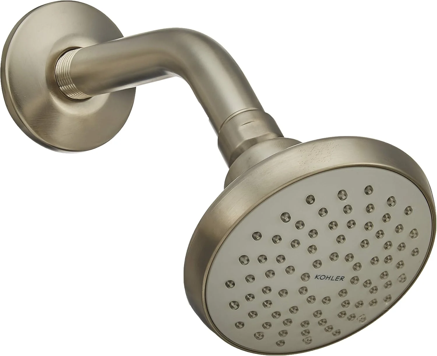 سردوش دیواری فلزی مکمل 4 اینچ (10.16 سانتی متر) Kohler، به همراه بازوی دوش و قالپاق، با پرداخت برس خورده پر جنب و جوش، نقره ای (16356IN-A-BN)