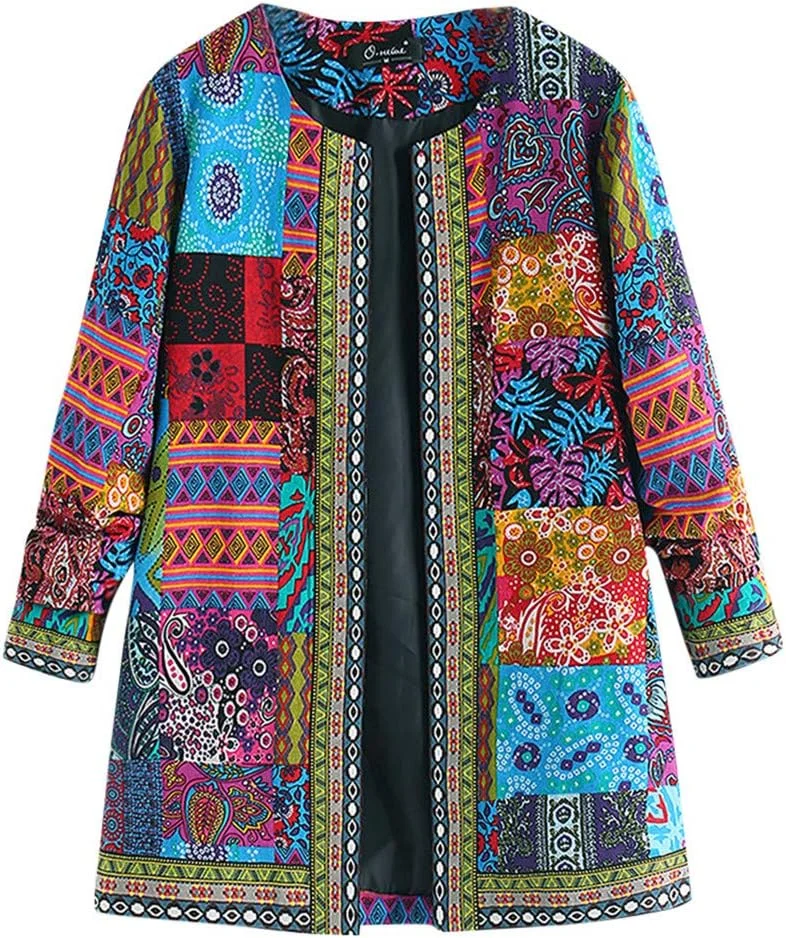 کت کاردیگان سایز بزرگ زنانه، ژاکت پارکا وینتیج آستین بلند با طرح قومی فانکل از جنس کتان و لینن L-5XL