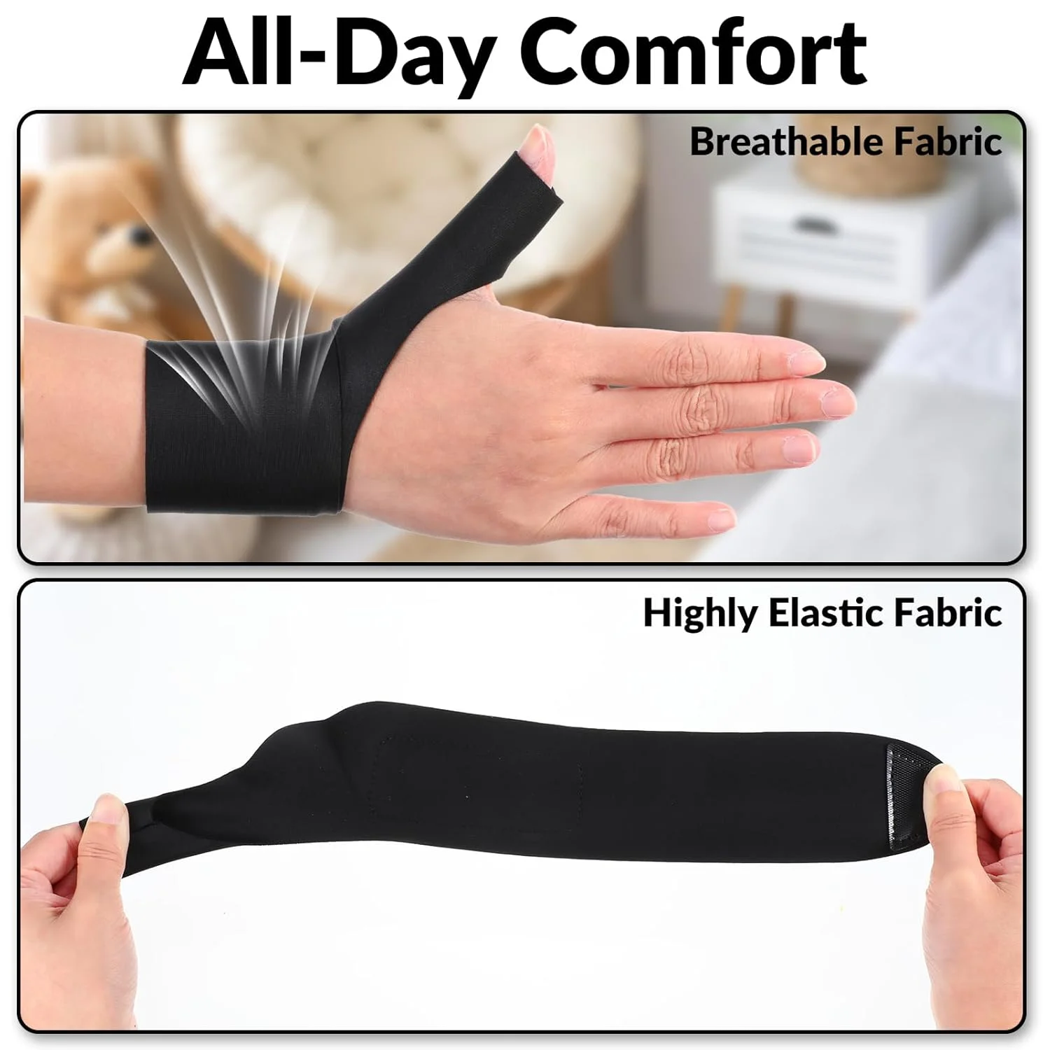 آستین فشاری مچ دست و شست Wanmu، بسته 2 عددی، دستکش محافظ الاستیک برای تسکین درد آرتریت، تاندونیت، رگ به رگ شدن، ورزش، مناسب برای زنان و مردان - مناسب برای هر دو دست (مشکی)
