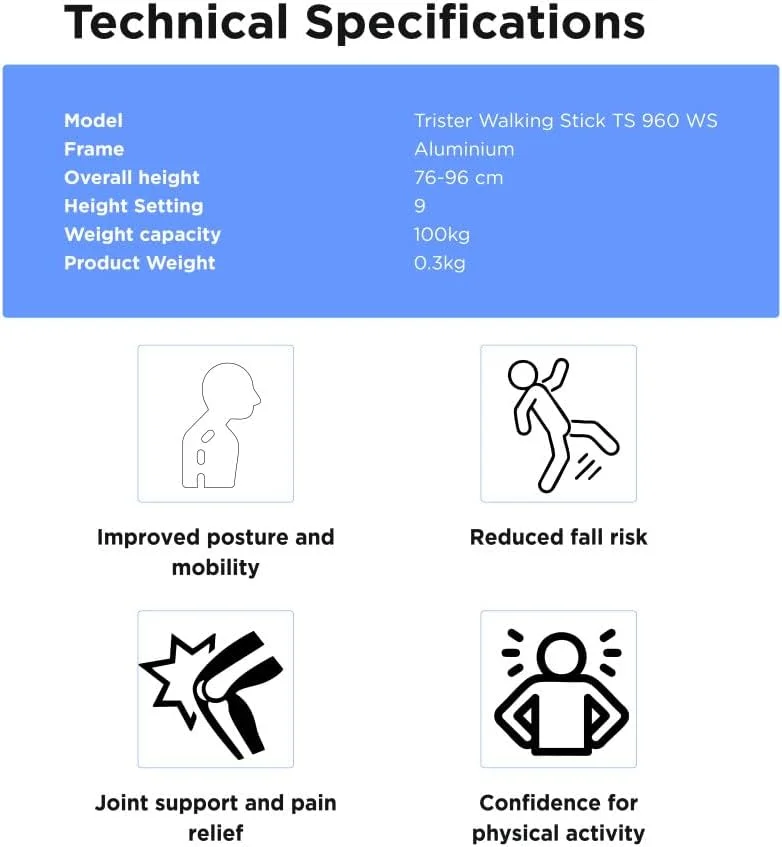 عصای پیاده روی تریستر (TS‑960WS) - عصای آلومینیومی قابل تنظیم (76‑96 سانتی متر)، دسته ارگونومیک، نوک لاستیکی ضد لغزش، وسیله کمک حرکتی سبک وزن برای استفاده روزانه