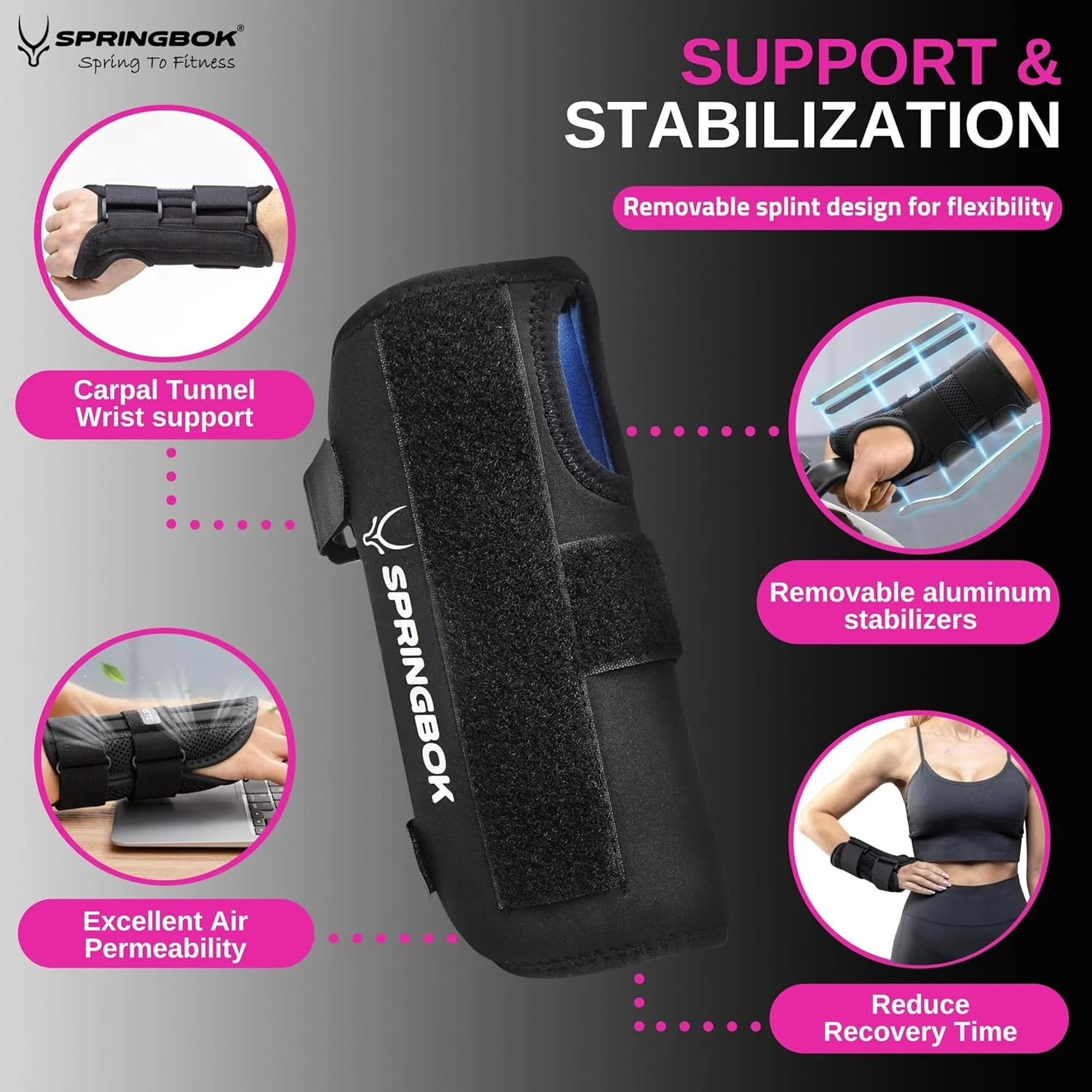 مچ بند اسپرینگ باک با آتل فلزی - حمایت قابل تنظیم برای سندرم تونل کارپال، تاندونیت، آرتروز، تسکین درد و بهبود آسیب - دست راست/چپ، مناسب برای همه