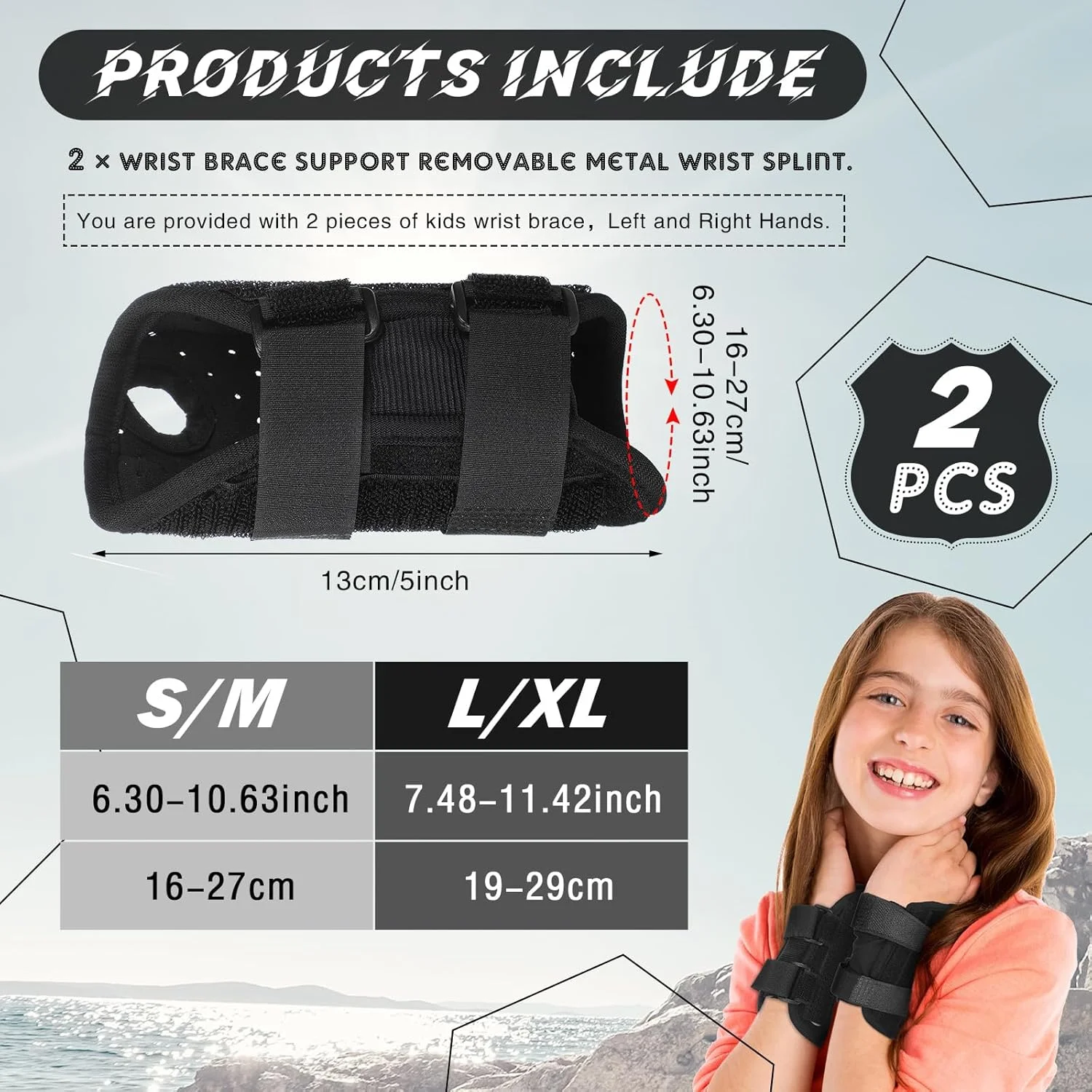 دو عدد مچ بند طبی برای کودکان و نوجوانان، مناسب برای سندرم تونل کارپال، رنگ مشکی، با آتل و بندهای فشاری قابل تنظیم، مناسب برای ورزش و خواب کودکان (سن 3-8 سال)