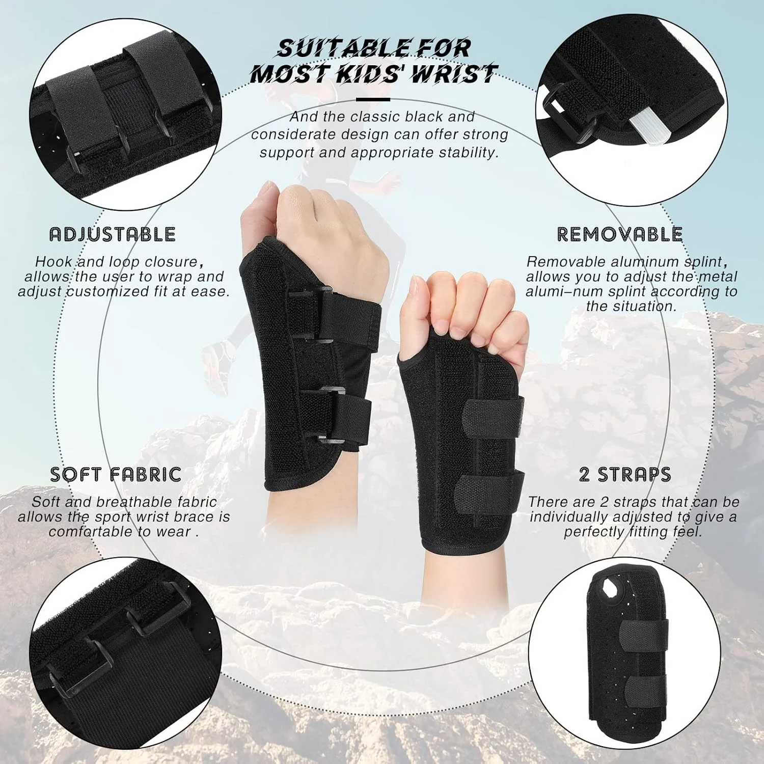 دو عدد مچ بند طبی برای کودکان و نوجوانان، مناسب برای سندرم تونل کارپال، رنگ مشکی، با آتل و بندهای فشاری قابل تنظیم، مناسب برای ورزش و خواب کودکان (سن 3-8 سال)
