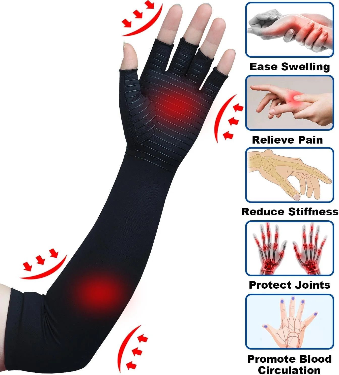 دستکش های بلند مسی آرتروز SHIFANQI - دستکش فشاری با اندازه اضافی بلند برای زنان و مردان، پشتیبانی از تونل کارپال، تسکین درد مچ دست و دست