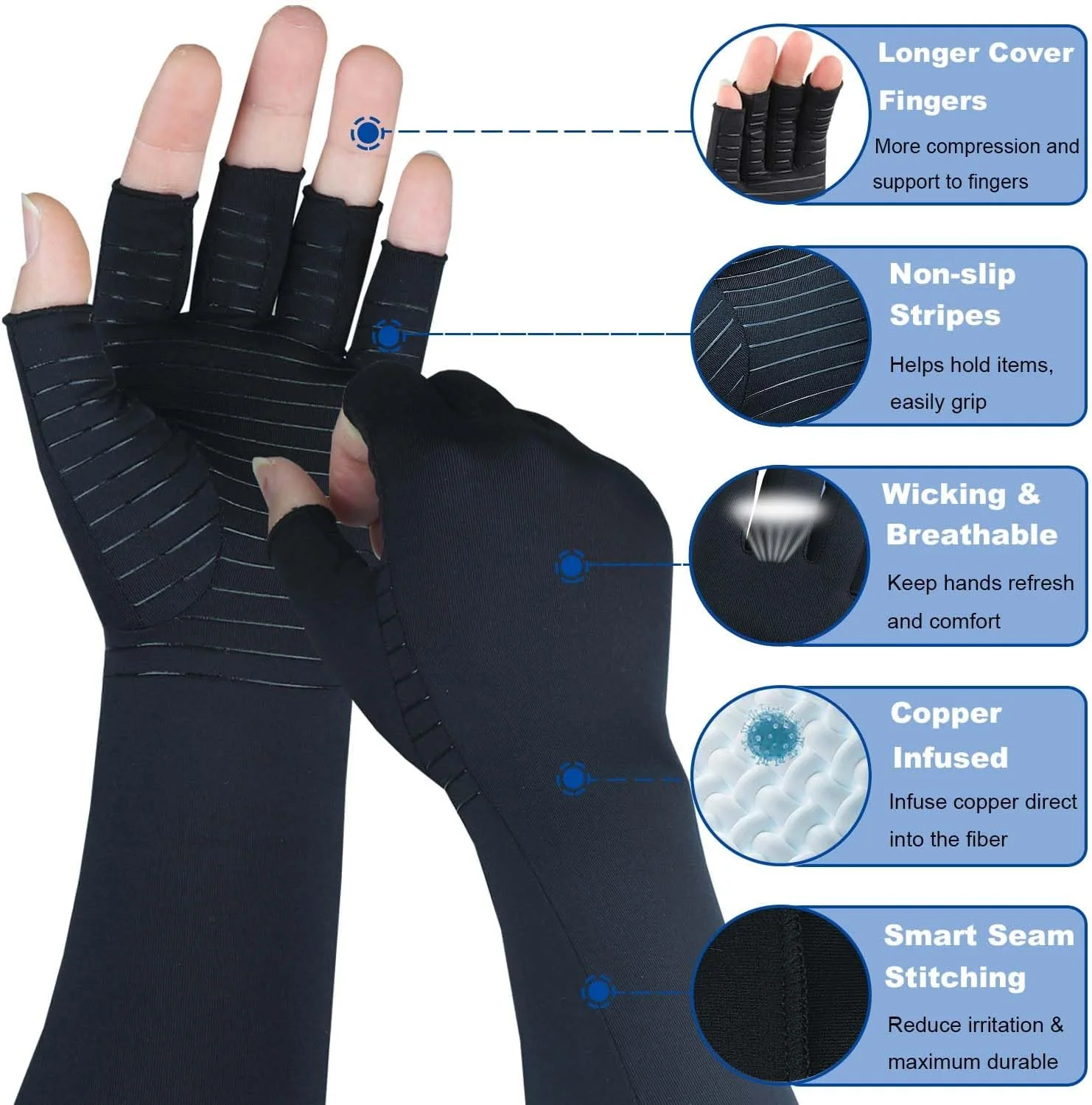 دستکش های بلند مسی آرتروز SHIFANQI - دستکش فشاری با اندازه اضافی بلند برای زنان و مردان، پشتیبانی از تونل کارپال، تسکین درد مچ دست و دست