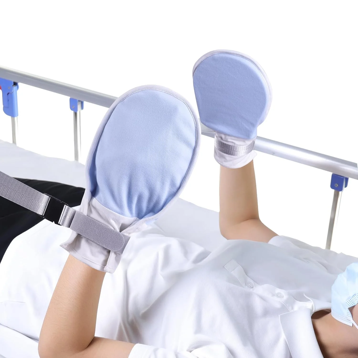 دستکش های محدود کننده پزشکی با بندهای جداشدنی برای بیماران یا سالمندان، 2 عدد، نرم و سازگار با پوست، دستکش های محدود کننده با حلقه انگشتی، ضد خراش و زوال عقل برای بزرگسالان، آبی