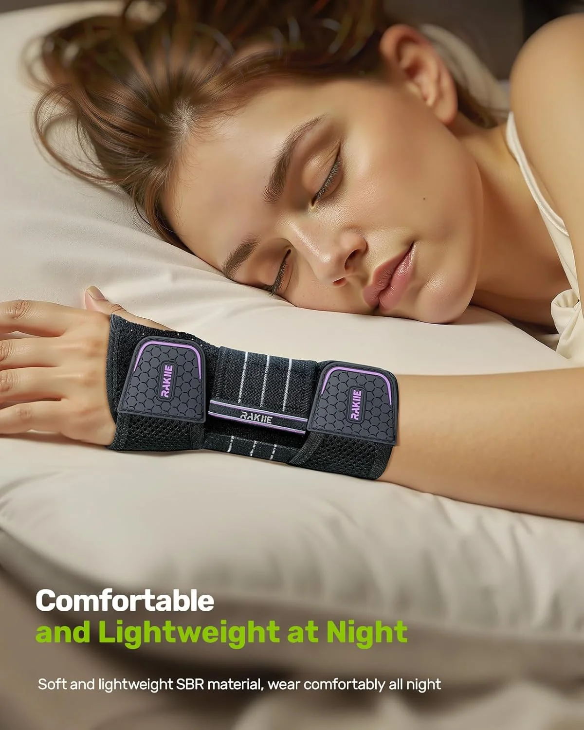 مچ بند تونل کارپال Rakiie، مچ بند شبانه قابل تنظیم با 3 آتل فلزی برای مردان و زنان، تثبیت کننده آتل برای کار، آرتروز، دست چپ بنفش، سایز M (17-21 سانتی متر)