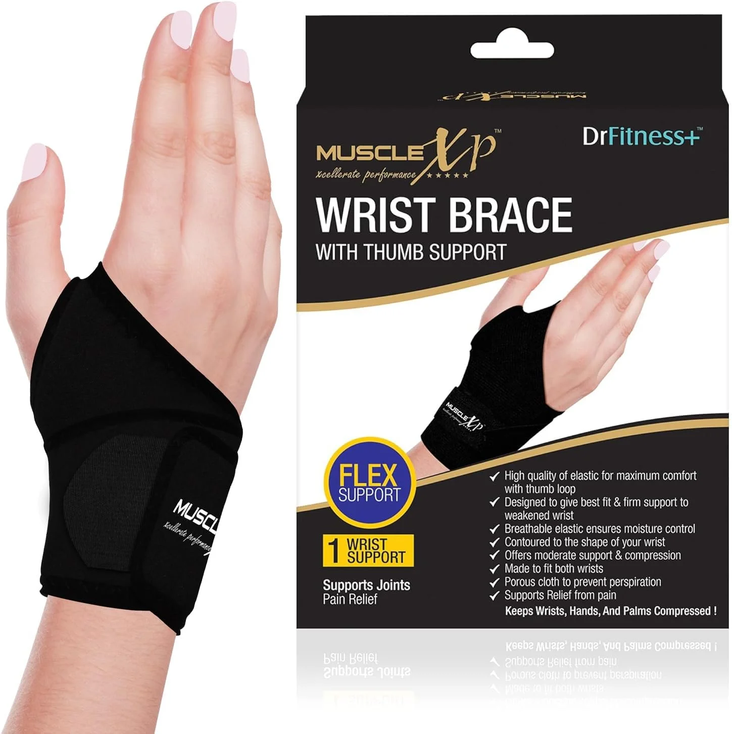 مچ بند طبی MuscleXP DrFitness+ با پشتیبانی از شست برای مردان، ورزشگاه و تمرین، زنان، آسیب های ورزشی و درد مچ دست، فشرده سازی دست و کف دست (1 عدد)