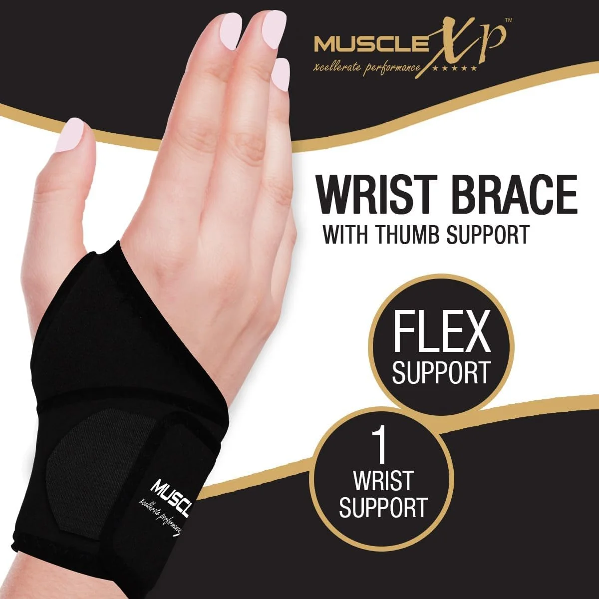 مچ بند طبی MuscleXP DrFitness+ با پشتیبانی از شست برای مردان، ورزشگاه و تمرین، زنان، آسیب های ورزشی و درد مچ دست، فشرده سازی دست و کف دست (1 عدد)