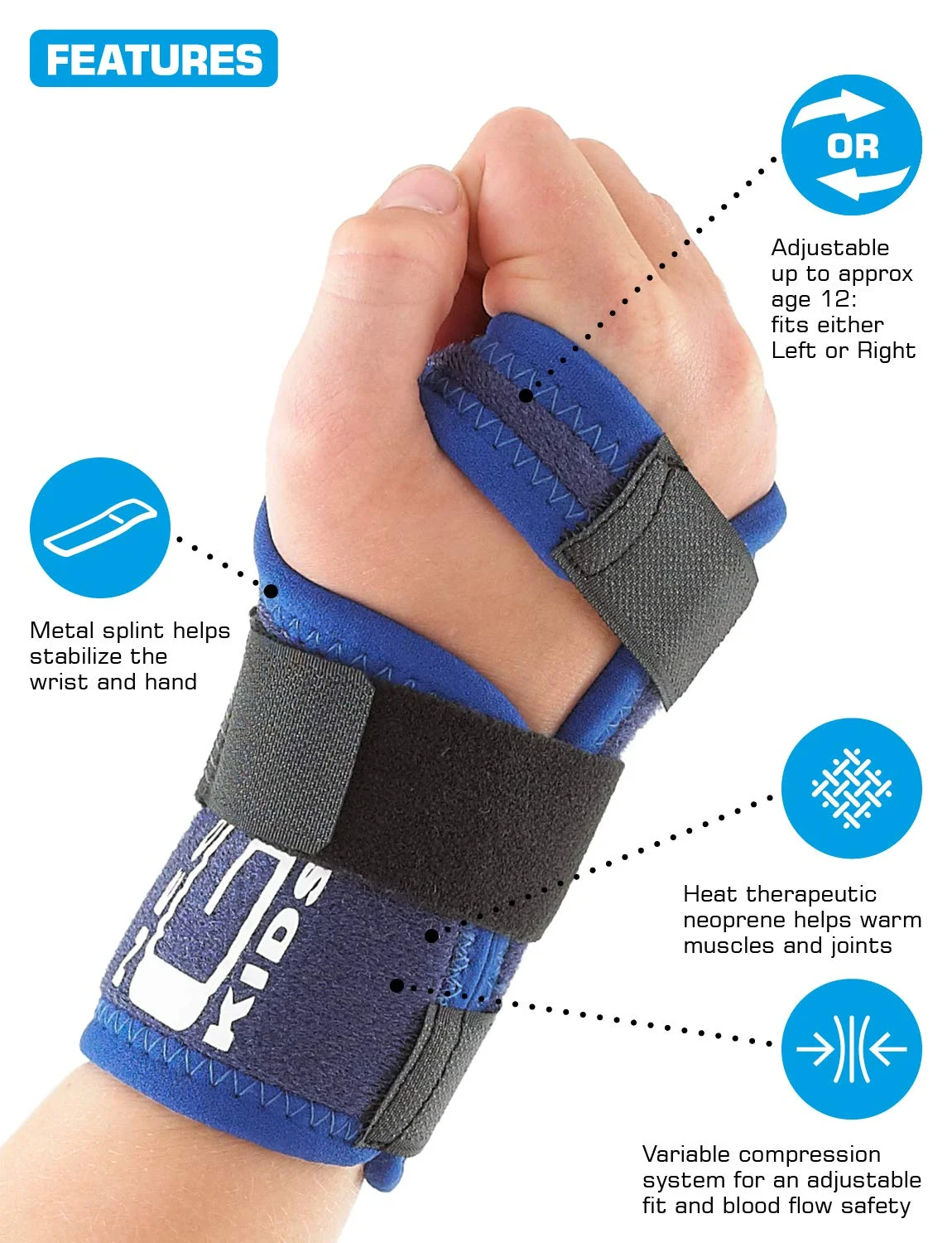 مچ بند نئو-جی برای کودکان - پشتیبانی تثبیت شده برای تونل کارپال، آرتریت نوجوانان، درد مفاصل، تاندونیت، رگ به رگ شدن دست - فشرده سازی قابل تنظیم - دستگاه پزشکی کلاس 1 - راست