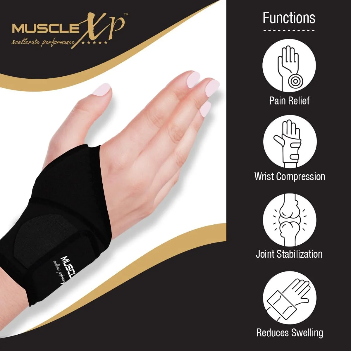 مچ بند طبی MuscleXP DrFitness+ با پشتیبانی از شست برای مردان، ورزشگاه و تمرین، زنان، آسیب های ورزشی و درد مچ دست، فشرده سازی دست و کف دست (1 عدد)