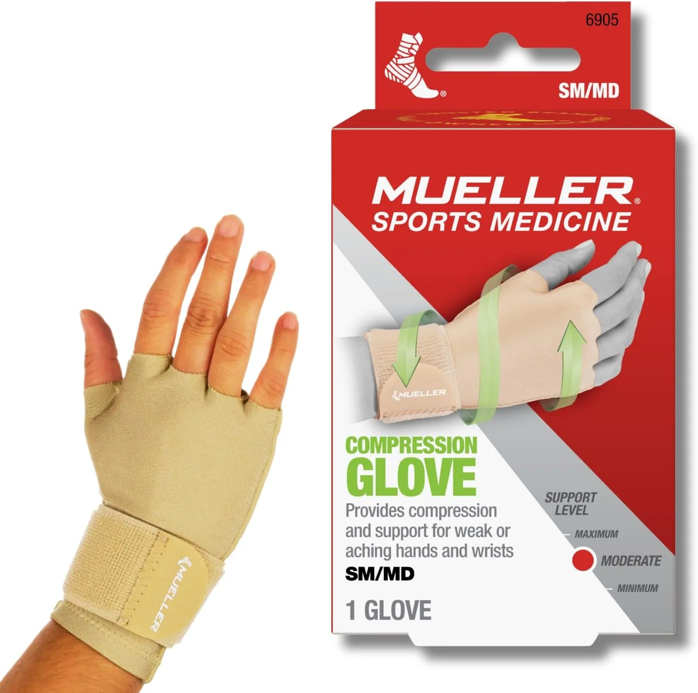 دستکش فشاری آرتروز Mueller Sports Medicine، پشتیبانی از دست و مچ، مناسب برای دست راست یا چپ، برای مردان و زنان، بژ، کوچک/متوسط