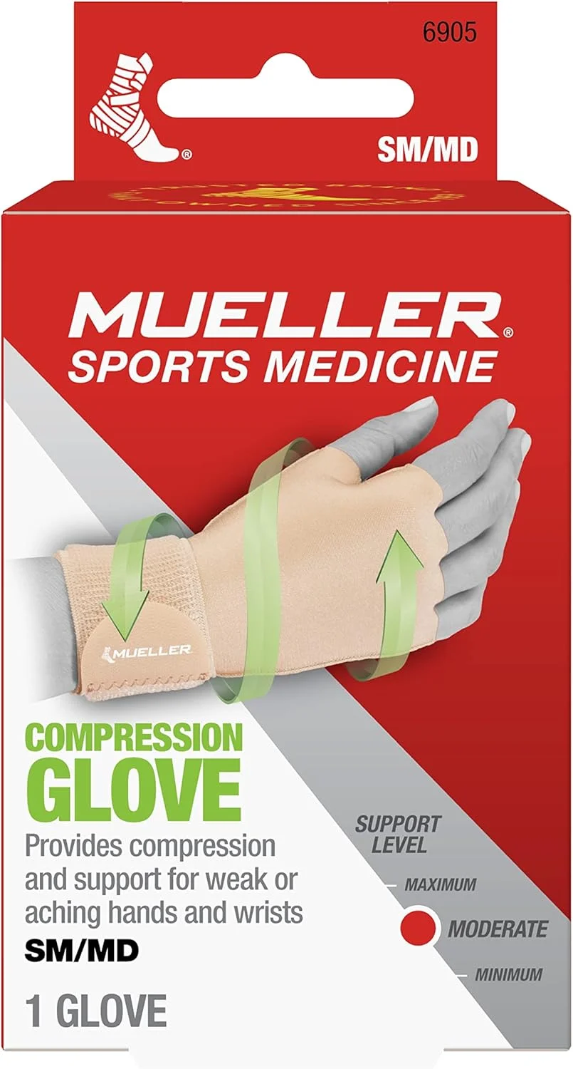 دستکش فشاری آرتروز Mueller Sports Medicine، پشتیبانی از دست و مچ، مناسب برای دست راست یا چپ، برای مردان و زنان، بژ، کوچک/متوسط