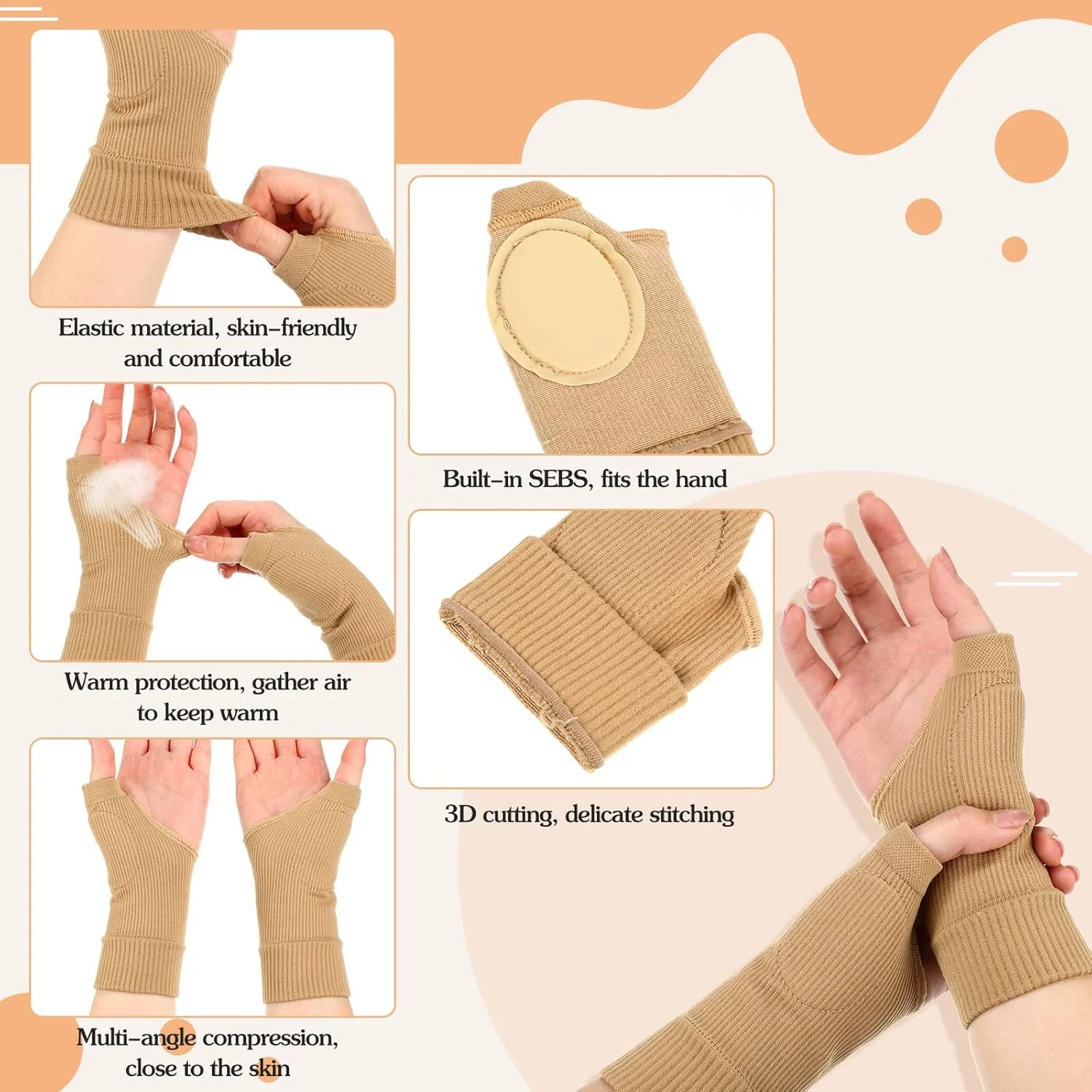 دستکش های فشاری آرتروز KASTWAVE، دستکش بدون انگشت با قابلیت تنفس و مچ بند با پدهای ژلی آسیب انگشت شست، آستین تونل کارپال راحت برای تسکین درد مچ دست - 2 جفت