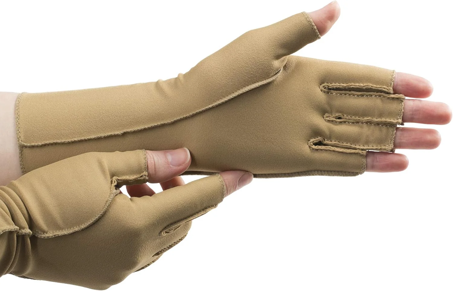 isotoner Women & Men Arthritis Compression Rheumatoid Pain Relief Gloves for joint support with Open/Full finger design, Beige