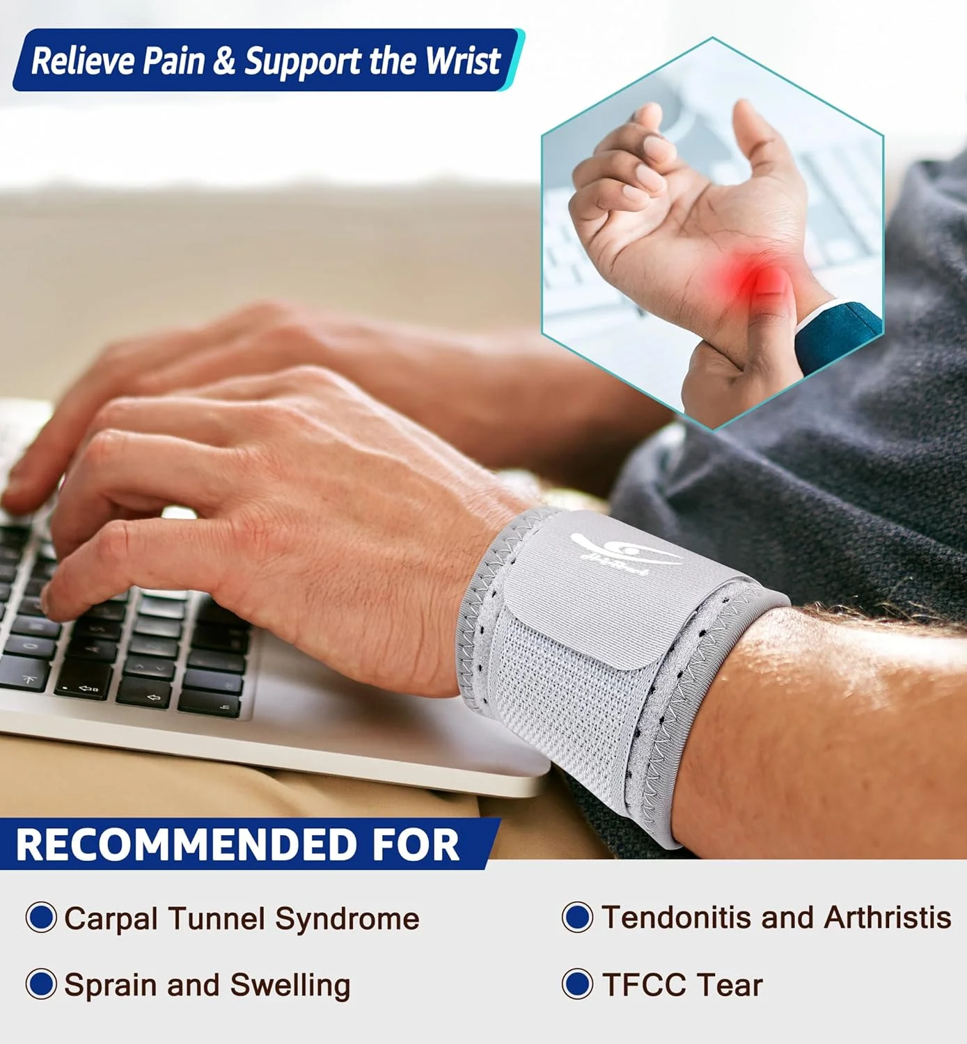 مچ بند HiRui (2 عدد) - فشار قابل تنظیم برای تسکین درد مچ دست ناشی از سندرم تونل کارپال، آرتروز، تاندونیت و رگ به رگ شدن | مچ بند برای هر دو دست، ایده آل برای ورزش و تمرینات بدنسازی (خاکستری)