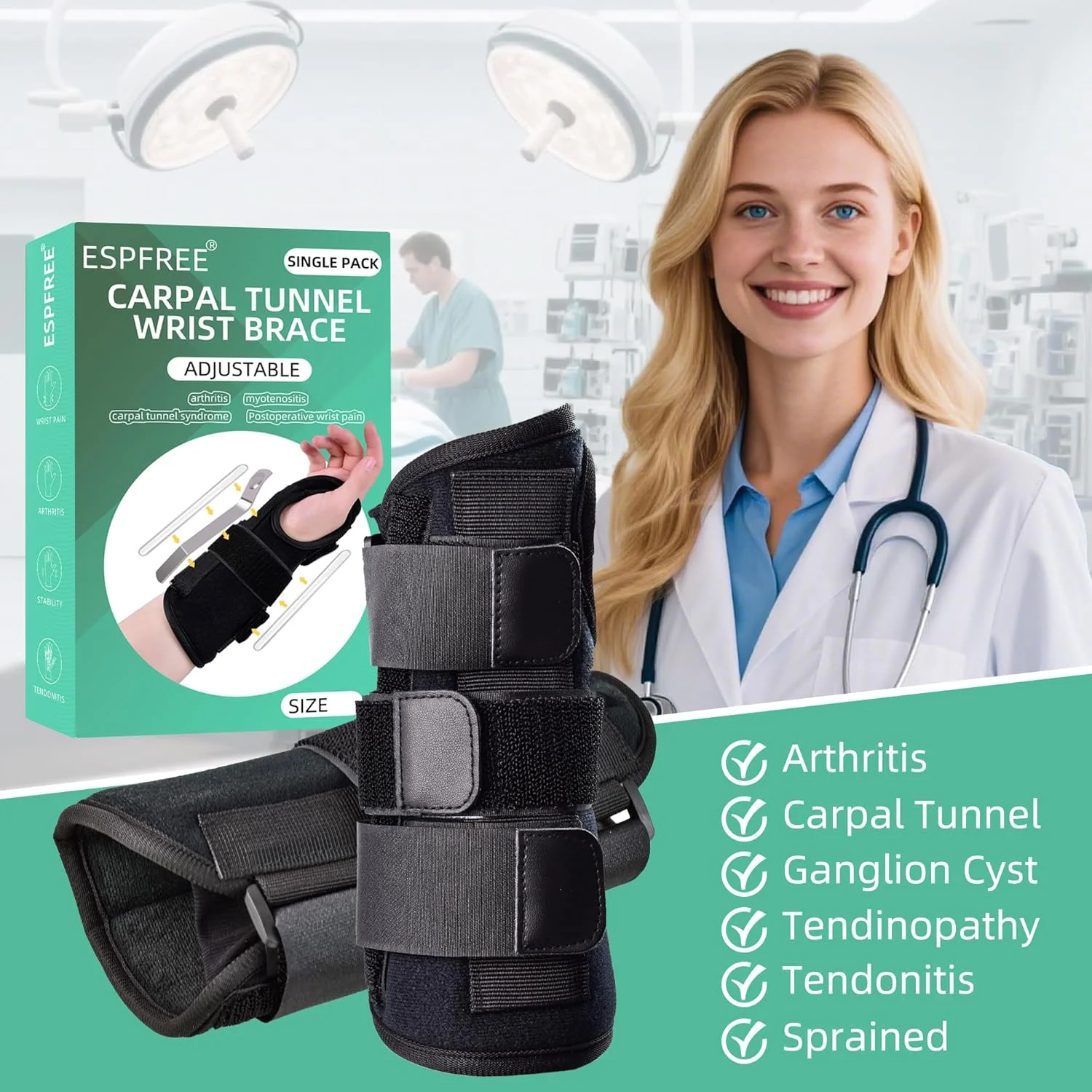 مچ بند espfree، آتل مچ دست برای سندرم تونل کارپال (دست راست - مشکی، کوچک (بسته 1 عددی))