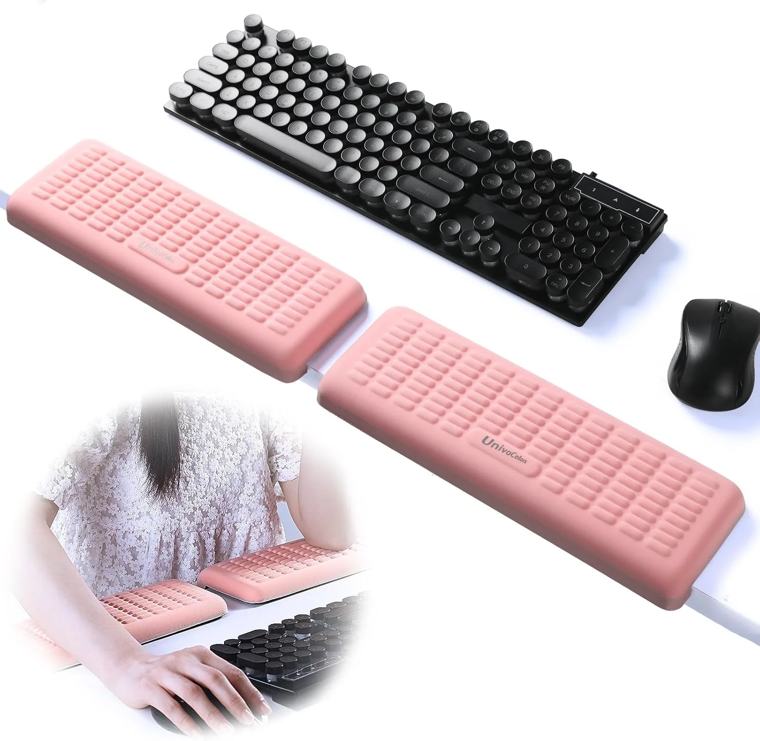 تکیه گاه مچ دست و آرنج رومیزی مدل L شکل UnivoColors PostureUp، ضد لغزش، طراحی جداگانه، فوم حافظه دار، طراحی ارگونومیک برای کار طولانی مدت (ست 2 عددی 11.8 * 3.9 اینچ صورتی)