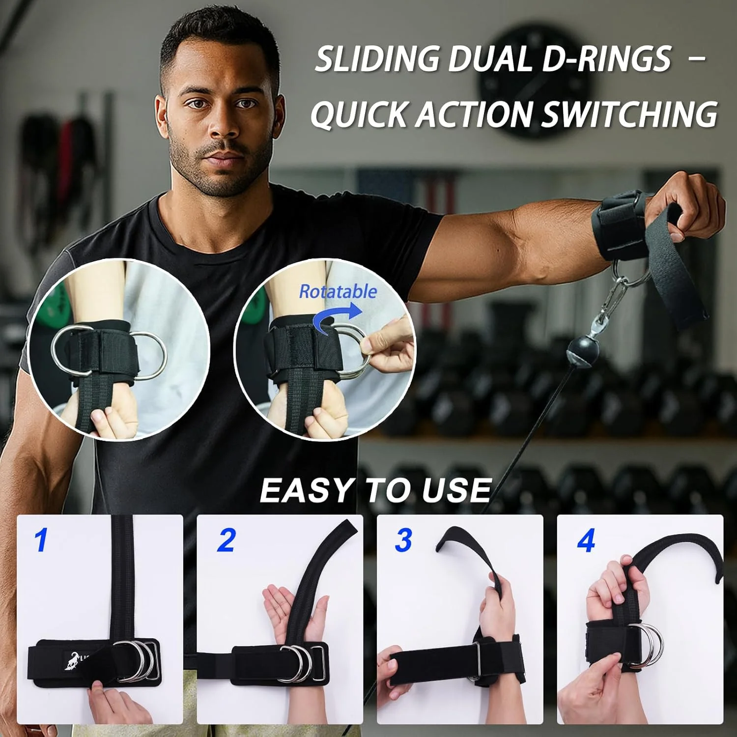 بند لیفتینگ وزنه برداری Lights Mountain با حلقه های D دوتایی کشویی کاف دار - کاف های مچی برای تمرینات سیم کشی باشگاه، قدرت و پشتیبانی