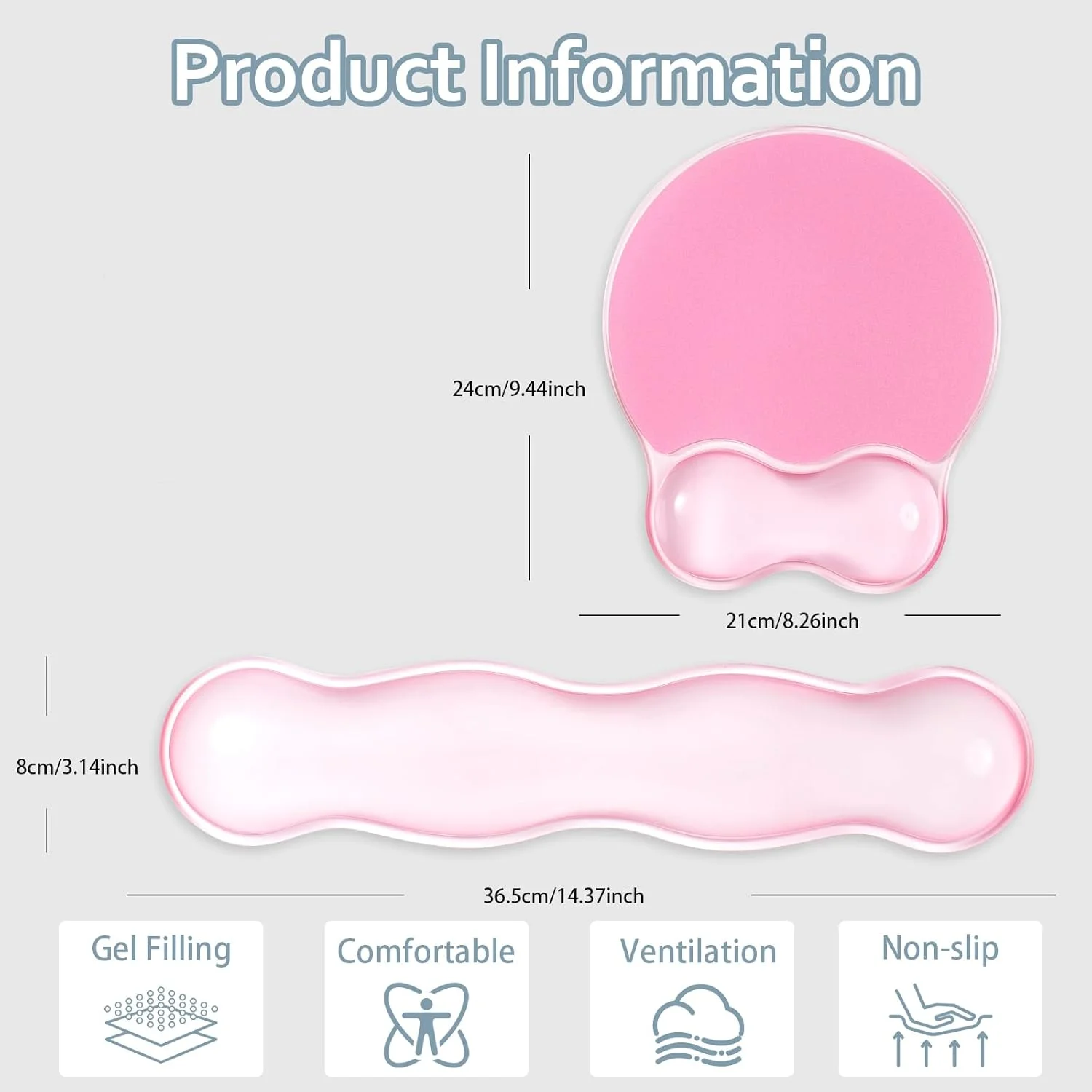 ست مچ بند ژله ای Sumgsn، ست پشتیبانی مچ دست خنک کننده ارگونومیک شفاف با پایه ضد لغزش برای کامپیوتر/لپ تاپ/بازی/خانه/دفتر/تایپ برای تسکین درد (شکل موج، صورتی گرادیان)