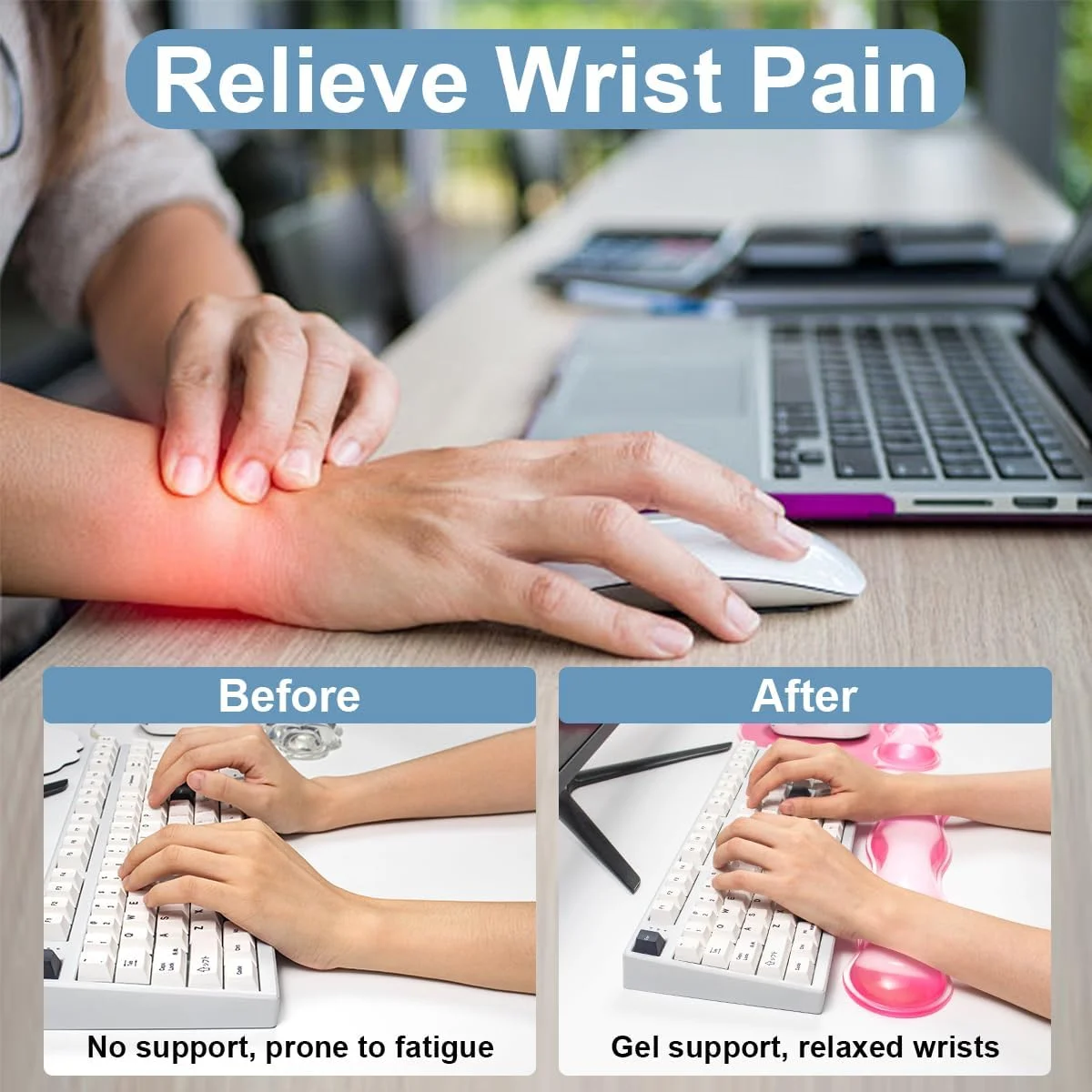 ست مچ بند ژله ای Sumgsn، ست پشتیبانی مچ دست خنک کننده ارگونومیک شفاف با پایه ضد لغزش برای کامپیوتر/لپ تاپ/بازی/خانه/دفتر/تایپ برای تسکین درد (شکل موج، صورتی گرادیان)