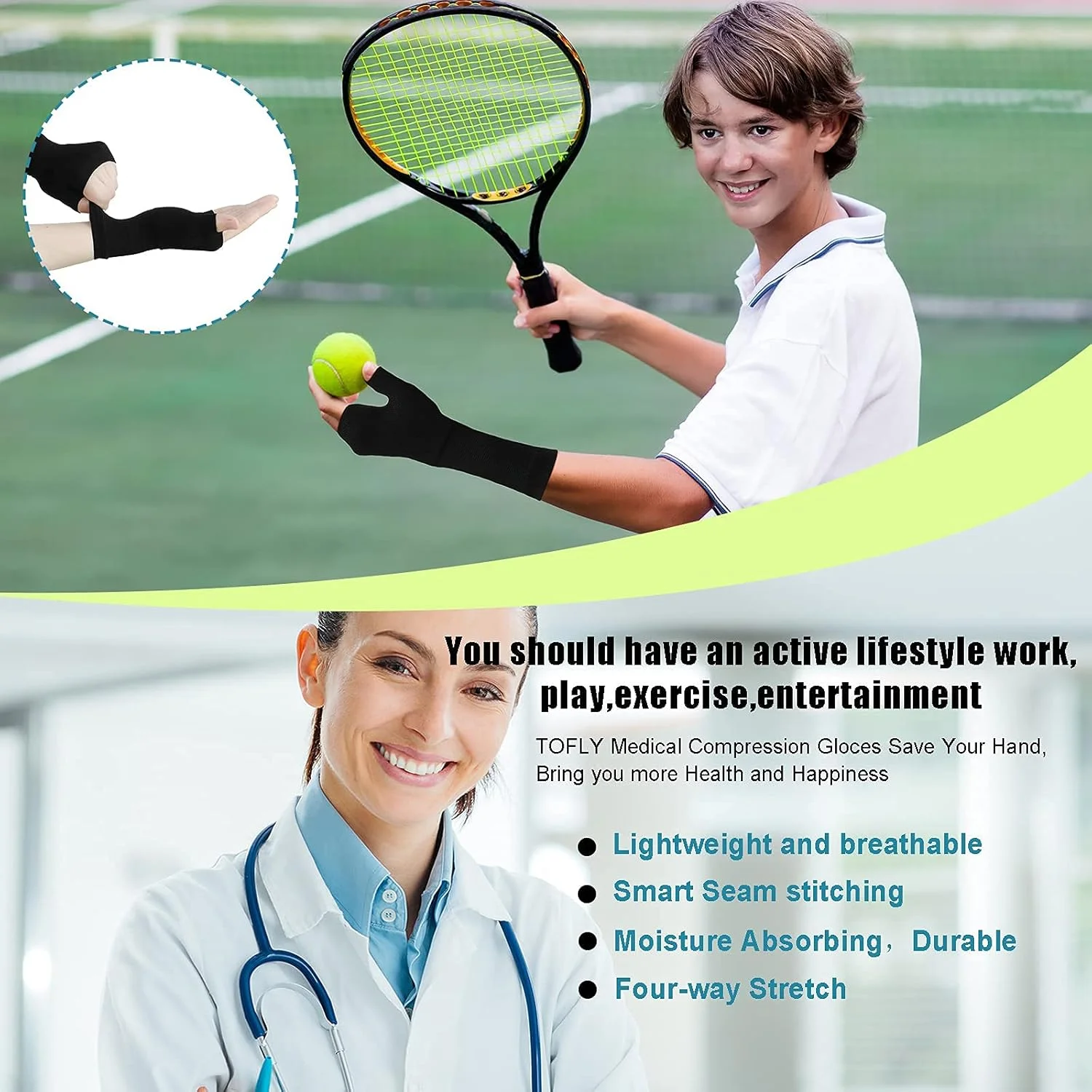 آستین محافظ مچ و انگشت شست دفسدار، 4 عدد، دستکش های فشاری بدون انگشت برای آرتروز، مچ بند ورزشی برای خستگی، مناسب برای تایپ (مشکی، унисекс، متوسط)