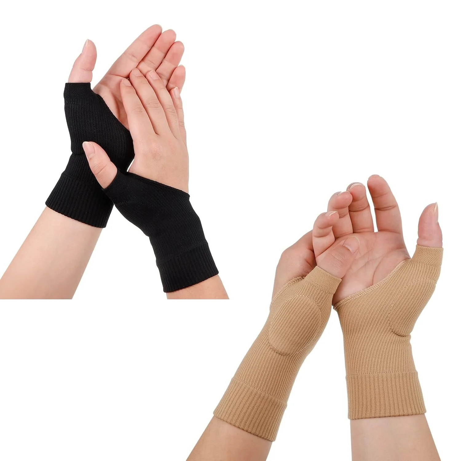 داکیتیری 2 جفت مچ بند ژله ای دست با محافظ شست، مچ بند و محافظ شست برای آرتروز، درد مفاصل، دستکش فشاری برای استفاده روزانه ورزشی، تسکین درد تاندونیت (مشکی + بژ)