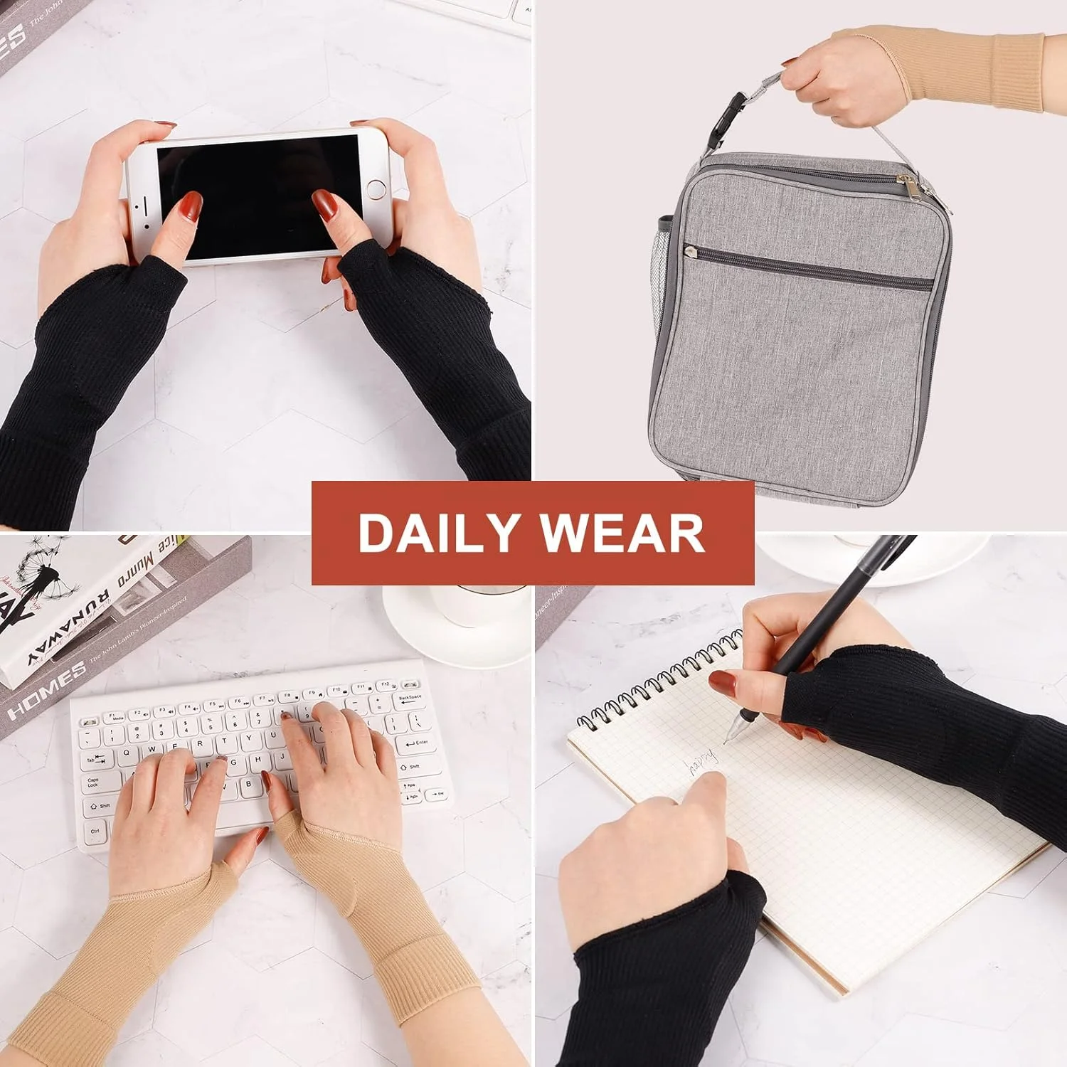 داکیتیری 2 جفت مچ بند ژله ای دست با محافظ شست، مچ بند و محافظ شست برای آرتروز، درد مفاصل، دستکش فشاری برای استفاده روزانه ورزشی، تسکین درد تاندونیت (مشکی + بژ)