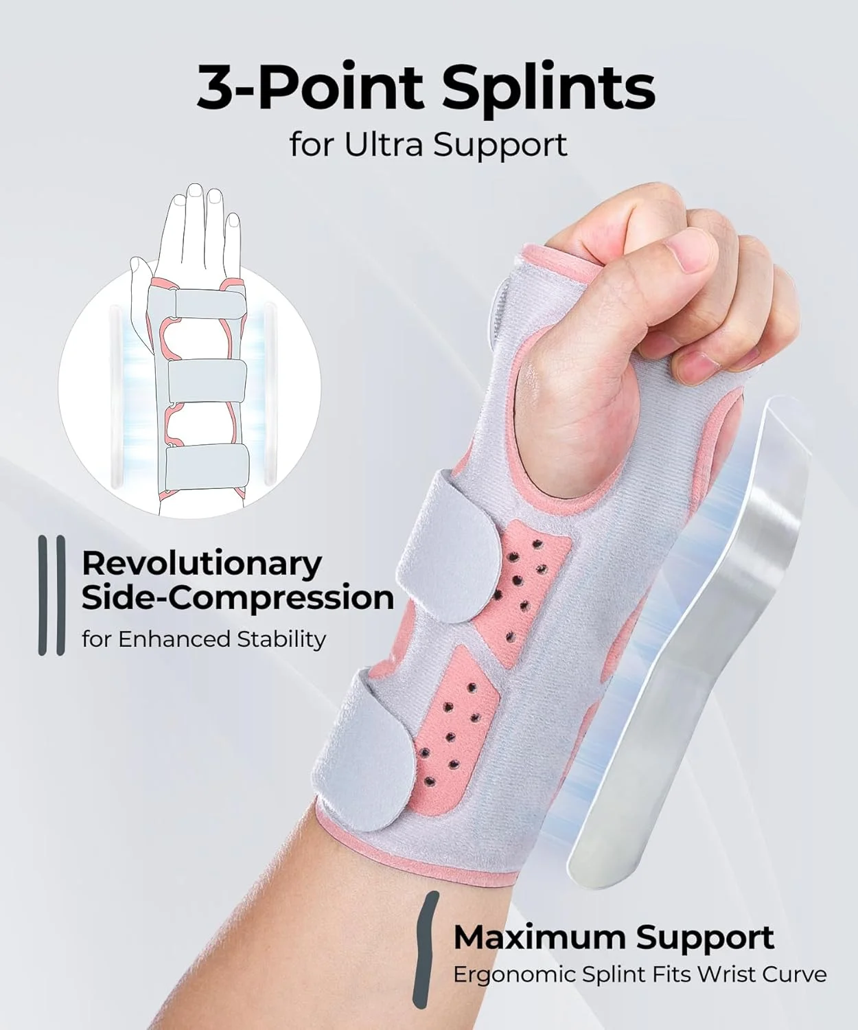 مچ بند طبی کیورکر برای سندرم تونل کارپال، مچ بند سبک وزن برای دست راست/چپ، مچ بند قابل تنظیم با 3 بند برای تسکین درد (سایز مناسب برای هر دو دست، صورتی)