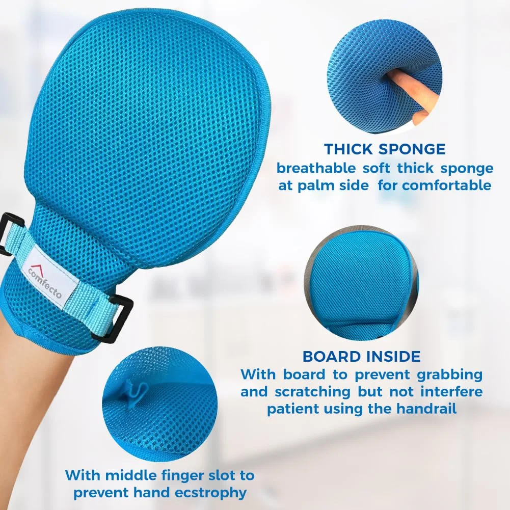 دستکش های محدود کننده دمانس Comfecto، 2 عددی، دستکش کنترل انگشت با بند و اسفنج نرم و ضخیم تنفسی، دستکش ایمنی محافظ دست برای جلوگیری از خراشیدن و آسیب رساندن به خود برای بزرگسالان و سالمندان