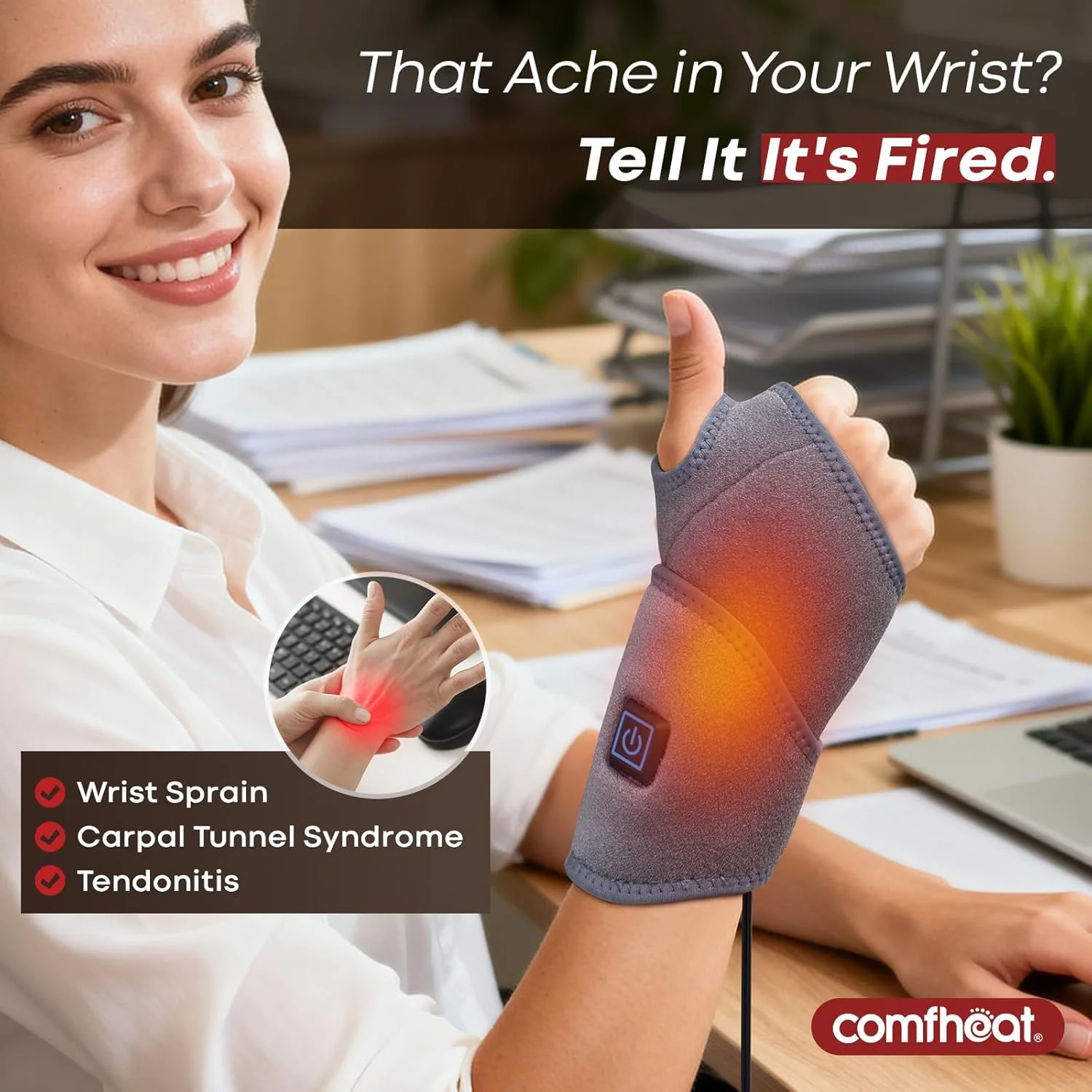 پد گرمایشی مچی Comfheat، مچ بند گرمایشی برای تسکین درد تونل کارپال، رگ به رگ شدن، تورم، تاندونیت و درد دست - دست چپ و راست خاکستری (غیر قابل شارژ)