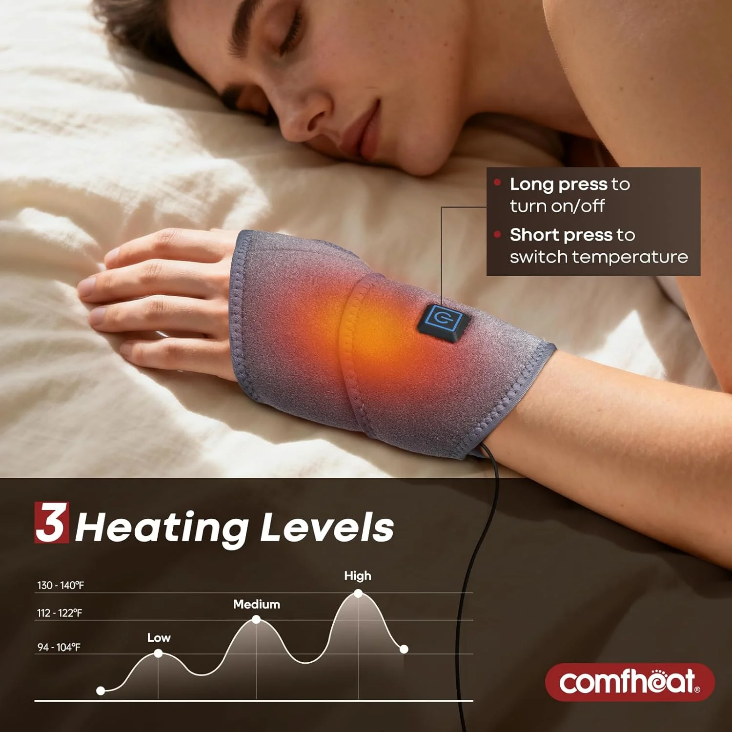 پد گرمایشی مچی Comfheat، مچ بند گرمایشی برای تسکین درد تونل کارپال، رگ به رگ شدن، تورم، تاندونیت و درد دست - دست چپ و راست خاکستری (غیر قابل شارژ)
