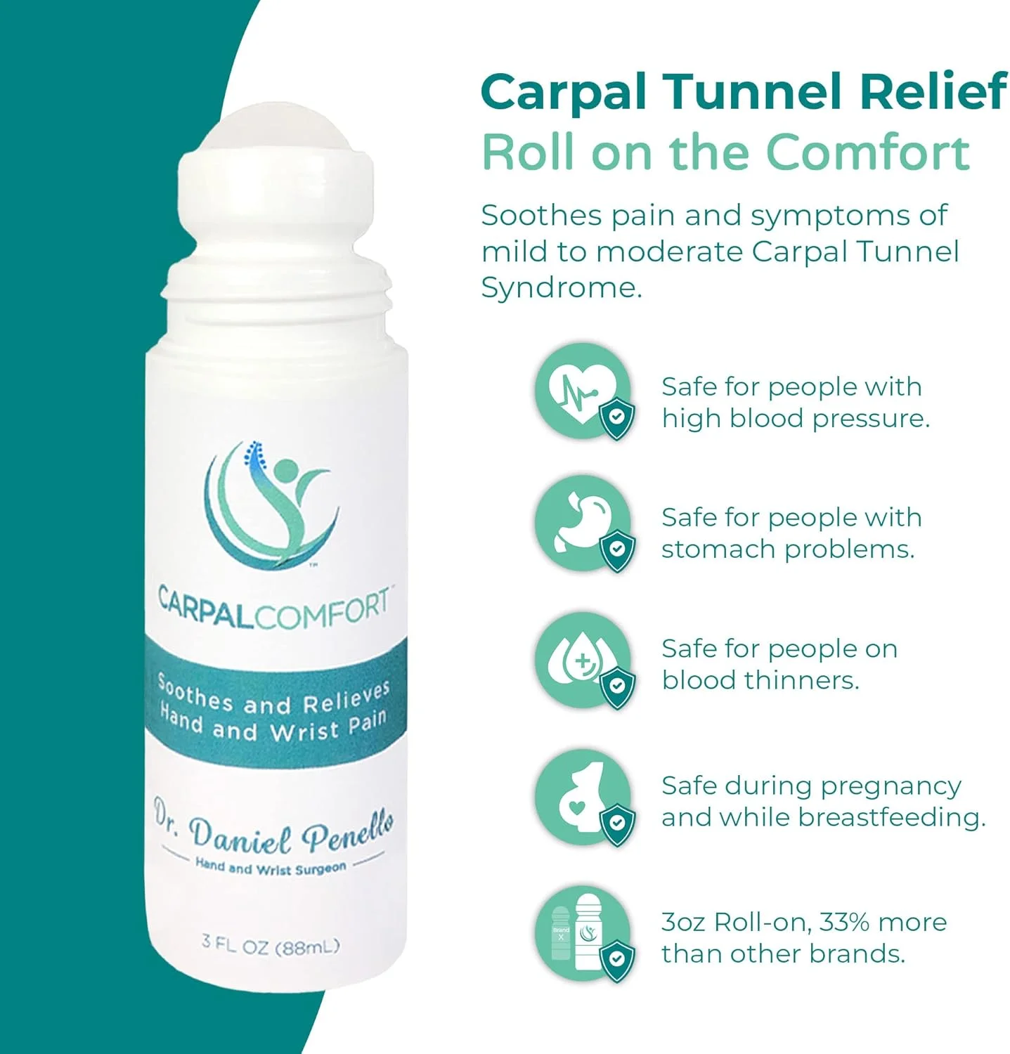 Carpal Comfort, Carpal Tunnel Roll On for Wrist Pain and Hand Pain, 3 Fl Oz/88 mL