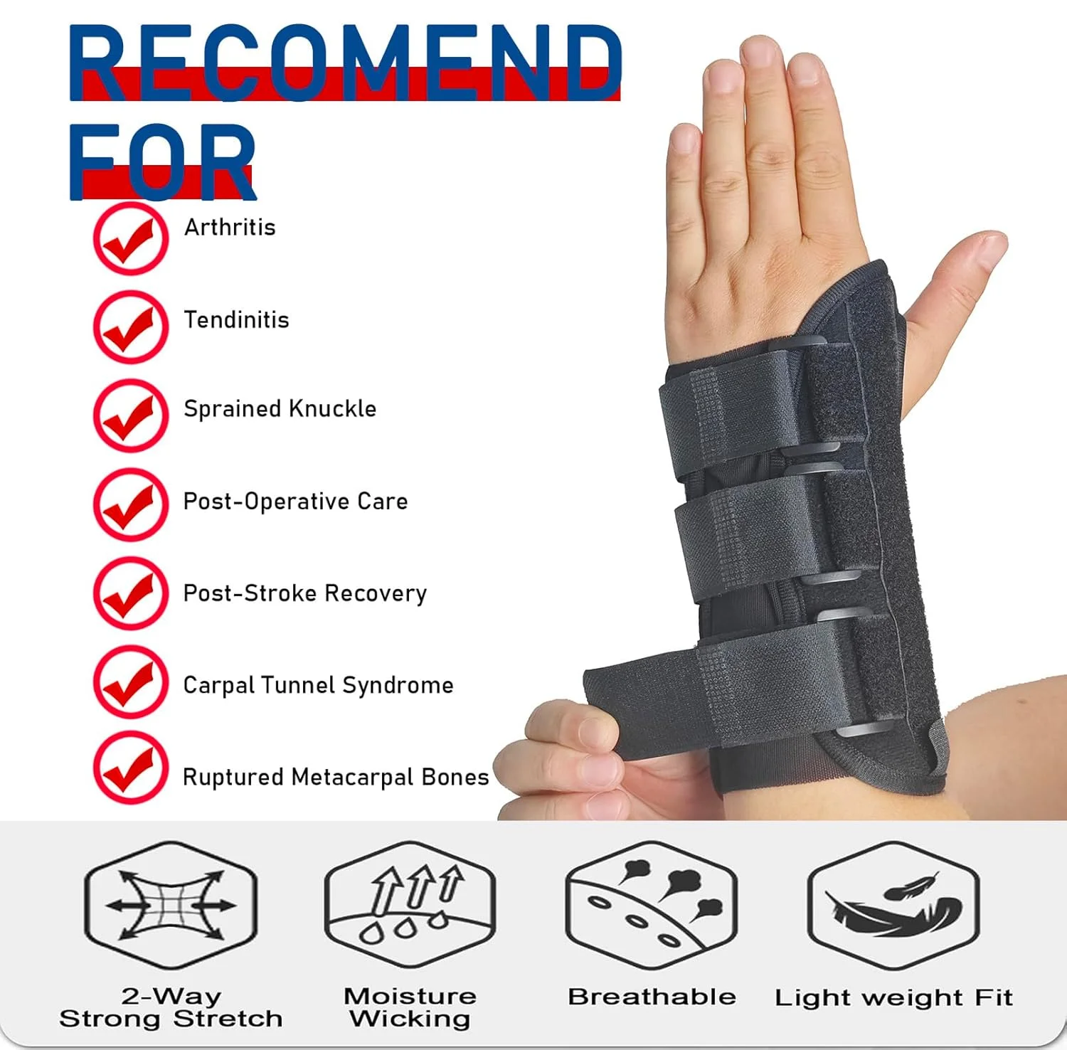 Carpal Tunnel Wrist Brace Night Support Fit for Work, Pain Relief Wrist Splint for Tendonitis, Sprain, Strain, Rigid Hand Brace for Arthritis for Women and Men Right Hand (M/L)-Black
