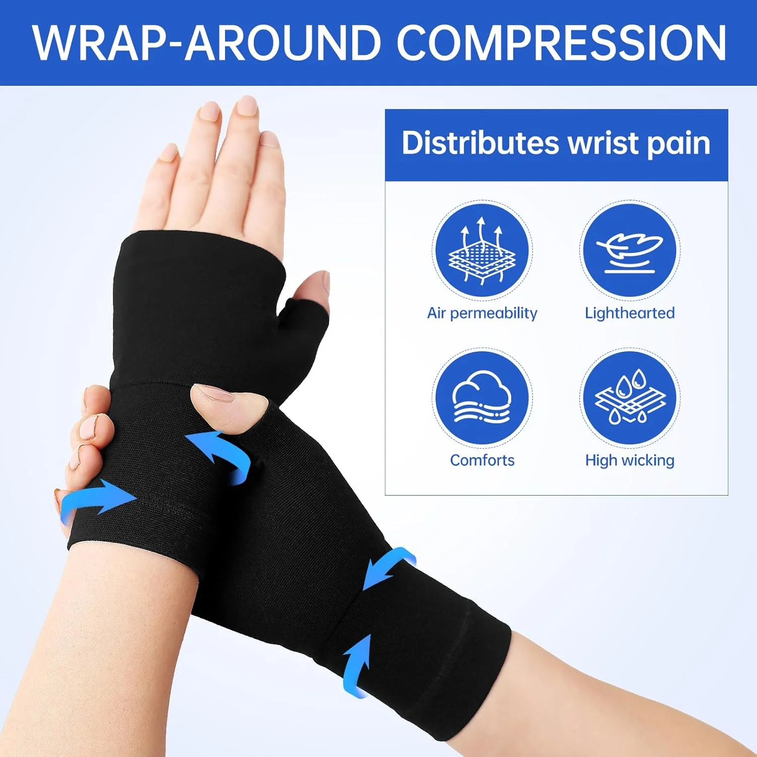 دستکش های الاستیک فشاری آرتروز، تسکین دهنده آرتریت روماتوئید، فشار مکرر، درد تونل کارپال، دستکش های بدون انگشت، مورد استفاده برای تایپ کامپیوتر و کار روزانه، پشتیبانی از دست ها و مفاصل (مشکی-L)