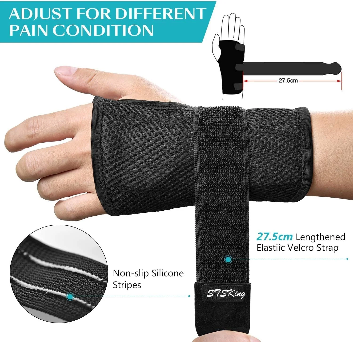 مچ بند برای تونل کارپال، مچ بند قابل تنظیم با آتل دست راست، ساپورت دست با آتل فلزی قابل جابجایی برای کمک به خواب شبانه و تسکین درد مچ دست (متوسط، مشکی - دست راست)