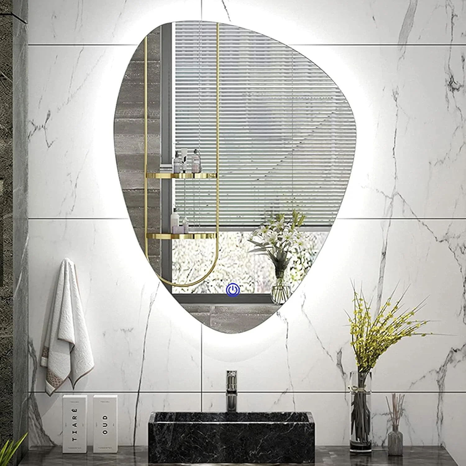 آینه حمام LED مدل ZZYYZZ با نور پس زمینه قطره ای شکل، آینه هوشمند مدرن حمام با کلید لمسی داخلی، آینه آرایشی دیواری با نور سه رنگ، وارونه، 70 * 90 سانتی متر