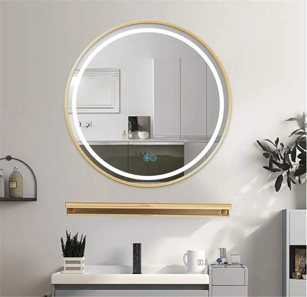 آینه گرد LED حمام Zsmzbx، آینه دیواری، آینه روشویی هوشمند LED ضد مه نورانی، تغییر دمای رنگ سوئیچ لمسی دیمر، با نگهدارنده آینه، IP44، طلایی، 50 سانتی متر